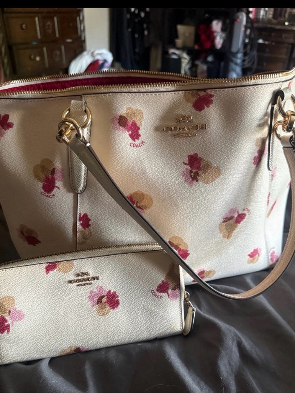 Coach Cream Floral Tote with Pink and Tan Accents & Matching wallet